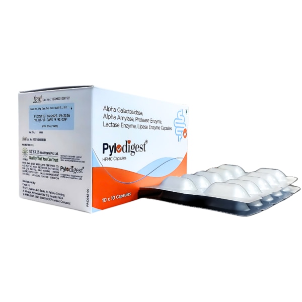 PYLODIGEST is an advanced digestive enzyme supplement specially formulated to support healthy digestion and nutrient absorption. It combines a blend of essential enzymes — Alpha Galactosidase, Lipase, Alpha Amylase, Protease, and Lactase — which help break down complex foods like carbohydrates, fats, proteins, and dairy products, making digestion easier and more efficient. PYLODIGEST is ideal for individuals suffering from bloating, gas, indigestion, or enzyme deficiencies.Key BenefitsPromotes complete digestion of carbohydrates, fats, proteins, and lactoseHelps relieve bloating, gas, and stomach discomfortSupports nutrient absorption for better overall healthReduces symptoms of lactose intoleranceEnhances digestive comfort after heavy mealsSupports a healthy gut environment by preventing undigested food buildupHow Does It Work?PYLODIGEST works by supplementing the natural digestive enzymes produced by the body. Each enzyme in the formula has a specific role:Alpha Galactosidase breaks down complex sugars that are difficult to digest, preventing gas formation.Lipase targets fats, enabling smoother fat digestion and nutrient uptake.Alpha Amylase initiates the breakdown of carbohydrates in the mouth and continues in the gut.Protease disassembles protein chains into usable amino acids.Lactase helps digest lactose, eliminating the common symptoms of lactose intolerance like bloating and diarrhea.By working together, these enzymes ensure that food is efficiently digested, minimizing gastrointestinal discomfort and optimizing nutrient availability.Directions for UseTake one capsule of PYLODIGEST just before or with meals.Swallow the capsule whole with a glass of water.Dosage may be adjusted by your healthcare provider based on the severity of digestive symptoms.Do not exceed the recommended daily dose without medical advice.For best results, incorporate PYLODIGEST as part of a healthy diet and lifestyle.Side EffectsPYLODIGEST is generally well-tolerated when taken as directed. However, some individuals may experience mild side effects such as:NauseaAbdominal discomfortDiarrhea or constipationAllergic reactions (very rare)Discontinue use and consult your doctor if you experience any severe or persistent side effects.
