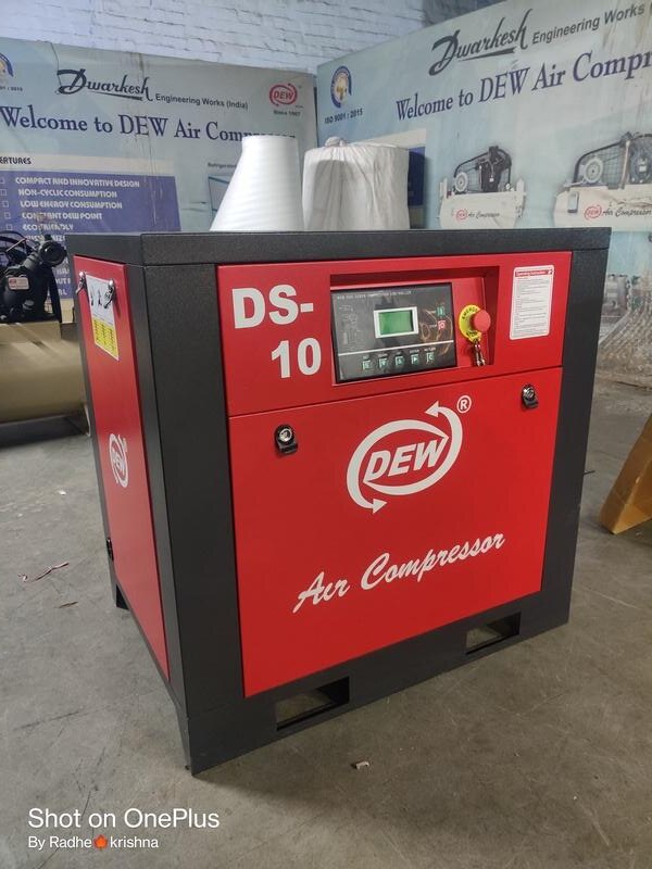DEW Make Screw Air Compressor Model DS-10 (10HP)7.5 KWWorking Pressure Max. – 8 &10 kg/cm2*CFM – 35 FAD @ 10 kg/cm2,*CFM – 42 FAD @ 8 kg/cm2*Power – 10 HP, (415 V/3/50 HZ)7.5 kw*Sound Level – 75 +-2 DbA*RPM-2900*Compressed Air Control – Automatic (0-100%)*Drive: Direct Driven