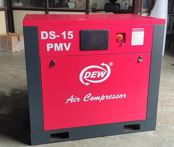 DEW Make Screw Air Compressor Model DS-15 (15HP)11 KW PM+VFDWorking Pressure Max. – 10 kg/cm2*CFM – 48 FAD @ 10 kg/cm2,*CFM – 58 FAD @ 8 kg/cm2*CFM – 62 FAD @ 7 kg/cm2*Power – 15 HP, (415 V/3/50 HZ) 11 kw*Sound Level – 60 +-2 DbA*RPM-2920*Compressed Air Control – Automatic (0-100%)*Drive: Direct Driven