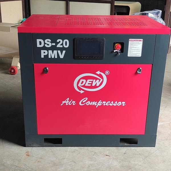 DEW Make Screw Air Compressor Model  DS-20 (20HP)15 KW PM+VFDWorking Pressure Max. – 10 kg/cm2*CFM – 65FAD @ 10 kg/cm2,* CFM – 79 FAD @ 8 kg/cm2*CFM – 82 FAD @ 7 kg/cm2*Power – 20 HP, (415 V/3/50 HZ) 15 kw*Sound Level – 60 +-2 DbA*RPM-2920*Compressed Air Control – Automatic (0-100%)*Drive: Direct Driven