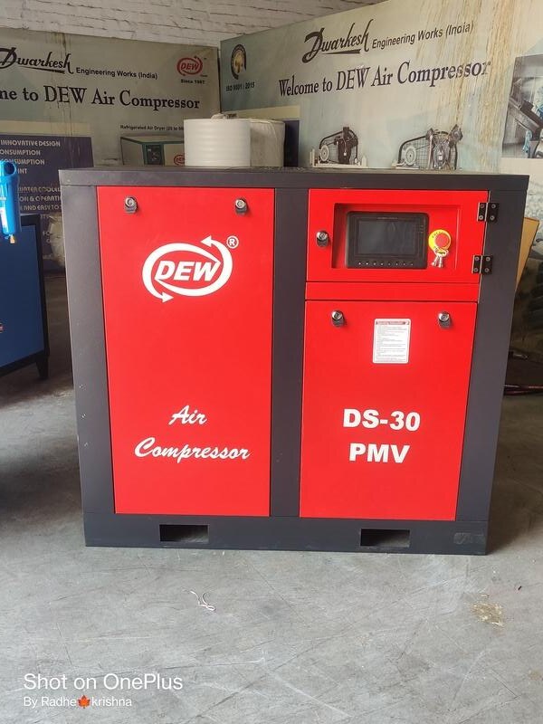 DEW Make Screw Air Compressor Model    DS-30 (30HP)22 KW PM+VFD
Working Pressure Max. – 10 kg/cm2
*CFM – 107 FAD @ 10 kg/cm2,
*CFM – 129 FAD @ 8 kg/cm2
*CFM – 135 FAD @ 7 kg/cm2
*Power – 30 HP, (415 V/3/50 HZ) 22 kw
*Sound Level –( 60 -65) +-2 DbA
*RPM-2940
*Compressed Air Control – Automatic (0-100%)
*Drive: Direct Driven