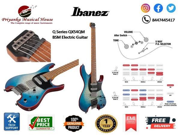 Ibanez Q Series QX54QM BSM Electric GuitarSPECSneck type Parallel Wizard3pc Roasted Maple/Bubinga necktop/back/body Quilted Maple topNyatoh bodyfretboard Roasted Birdseye Maple fretboardMother of Pearl Step off-set dot inlayfret Jumbo Stainless Steel fretsnumber of frets 24bridge Ibanez Mono-Tune bridgestring space 10.8mmneck pickup R1 (S) neck pickupPassive/Ceramicmiddle pickup R1 (S) middle pickupPassive/Ceramicbridge pickup Q58 (H) bridge pickupPassive/Ceramicfactory tuning 1E,2B,3G,4D,5A,6Estrings D'Addario® EXL110string gauge .010/.013/.017/.026/.036/.046hardware color Cosmo blackNECK DIMENSIONSScale : 648mm/25.5'a : Width 42mm at NUTb : Width 57mm at 24Fc : Thickness 19mm at 1Fd : Thickness 19mm at 12FRadius : 508mmRDESCRIPTIONSWITCHING SYSTEMQX54QM's Switching system diagramDESCRIPTIONCONTROLSQX54QM's control diagramDESCRIPTIONOTHER FEATURESRecommended Case MR350CGig bag includeddyna-MIX9 switching system w/Alter SwitchIbanez Custom String LockLuminescent side dot inlayFeaturesParallel Wizard 3pc Roasted Maple/Bubinga neckParallel Wizard 3pc Roasted Maple/Bubinga neckThe Parallel Wizard neck is 19mm thick all the way through the entire length. It provides an amazing fretting-hand experience for the players who prefer their instrument held in a higher playing position. The 3pc Roasted Maple/Bubinga construction also offers excellent stability and long-term durability.Quilted Maple top / Nyatoh bodyQuilted Maple top / Nyatoh bodyThe Quilted Maple top sonically enriches the response for picking. Nyatoh used as body wood provides a rich mid-low end.R1 / Q58 S-S-H pickupsR1 / Q58 S-S-H pickupsThe R1 / Q58 pickup combo is designed specifically for use in headless guitars. They provide a clearly defined sound, facilitating excellent tonal balance through all frequencies. The lows are powerful without being muddy, and the highs are bright and clear, but never harsh. As a result, every single note within the chord structure is well defined, and clearly audible. These pickups, with their tonal balance, and extremely low noise performance, work extremely well with both digital and analog effects.Custom string lockCustom string lockThis custom string lock is one-piece unit that features very simple construction. This means the hardware requires less maintenance, is highly durable, and allows for very easy string changes. Additionally, no proprietary string is required, so you can continue to use your favorite gauge and brand.Mono-Tune bridgesMono-Tune bridgesThe Mono-Tune bridges offer a wide intonation range so that you can easily set the instrument up for tuning down a whole step or even further. The string height is also easily adjustable, and each saddle generally has less material, which leads to more natural and organic tone.dyna-MIX9 switching system with Alter Switchdyna-MIX9 switching system with Alter SwitchThe dyna-MIX 9 offers nine sound variations and can switch between humbucker and single coil modes with just a flick of the mini switch. One mode even simulates a humbucking sound from the combination of two single coil pickups.Slanted fretsSlanted fretsAll of the frets are equally slanted at an 8-degree angle. Many contemporary players tend to favor a much higher playing positon to execute more effectively, highly technical and intricate techniques like tapping, finger style, and even occasional bass-inspired slap riff. This higher position results in the four fretting fingers naturally tilting slightly inwards. This 8-degree inward tilt of the frets perfectly accommodates this and offers a more natural feeling and comfortably playing guitar.Roasted Birdseye Maple fretboardRoasted Birdseye Maple fretboardThe beautiful Birdseye Maple fretboard imbues this model with an exotic appearance . The fretboard is heat-treated for a balanced attack and rich sustain.Jumbo Stainless Steel fretsJumbo Stainless Steel fretsStainless steel frets boast excellent corrosion resistance. The wide and tall fret-type offers a quick response and effortless articulation when playing chords and clear tone when playing single notes.Ergonomic body designErgonomic body designThe body features a number of strategically placed curves on both the top and back of the instrument. This complex, yet sophisticated design provides maximum playing comfort.Compact and light-weight, yet resonant bodyCompact and light-weight, yet resonant bodyWhile it is really compact and light-weight, its non-chambered, solid body provides great sound with rich woody tones.Luminescent side dot inlays