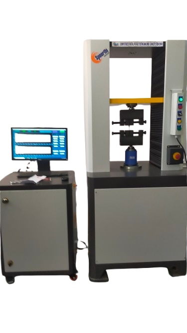 A Computerized Universal Testing Machine (UTM) is a device used to test the mechanical properties of materials—such as tensile strength, compressive strength, and elongation—under controlled loading conditions. The term 'universal' refers to its ability to perform a wide range of tests on different materials (metals, polymers, ceramics, composites, etc.).Key Components of a Computerized UTM:Load Frame: A rigid structure that holds the specimen during testing.Crosshead: Moves up or down to apply tension or compression.Load Cell: Measures the force applied to the specimen.Extensometer: Measures the change in length of the specimen.Grips/Fixtures: Hold the test specimen securely.Drive System: Often servo-controlled for precision.Computer & Software: Controls the test parameters and records data like load, displacement, stress, and strain in real time.