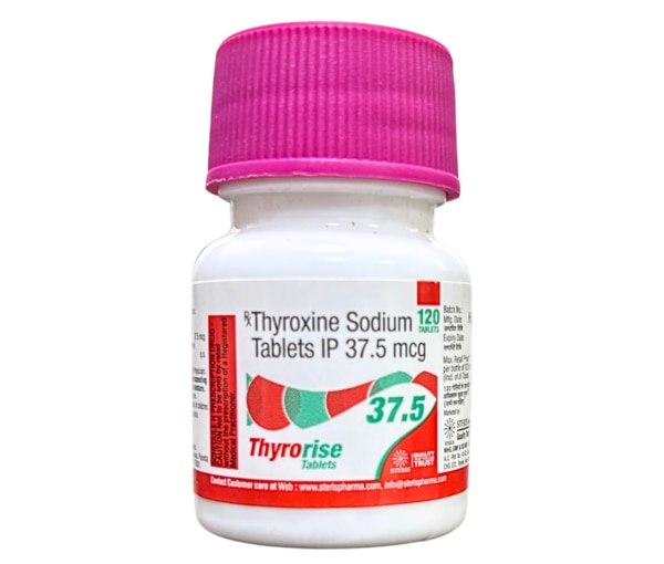 THYRORISE 37.5 Thyroxine Sodium (37.5mcg)Thyrorise 37.5 contains Thyroxine Sodium, a hormone vital for metabolism regulation. It's prescribed for hypothyroidism to restore thyroid hormone levels. The usual dose is 25-50mcg/day, adjusted based on response and blood tests. Common side effects include palpitations, weight changes, and mood swings. Take on an empty stomach, 30 minutes before meals. Consult a doctor for proper dosage and monitoring.