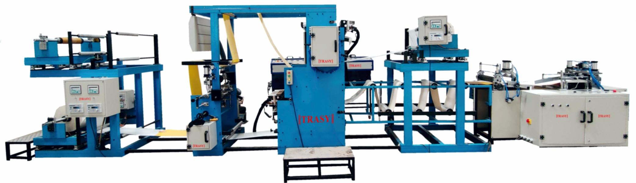 A 300mm width Hot Melt Coating Machine with both side coating and Printing at same time and inline Sheet cutting machine.INSECT TRAPS MAKING MACHINE:Machine Specification:This machine will make rolls of 300 mm (Max.) with 30 gsm hot melt coating.Process: All processes will be run inline.PVC film Printed with Gravure process.2 rolls of Silicon paper of 290 mm will be coated with Hot Melt of 30 gsm.And Lamination (transfer of HM on PVC) of Si papers & 0.270mm PVC film.Hole Punching, Perforation and Cutting of Si papers laminated to PVC rolls in set of 25(setable) pcs. Machine Type: Die coatingMax. Size of coating: 300mm, GSM: 15 to 65Max. Speed of coating : Speed 15 mpm @30gsmM/c specifications:Unwind 1: ( 2Sets)To hold 310 mm max. width material. (Si Paper)450 mm Dia. Max.76 MM core ID.Powder BrakeWeb GuideUnwind 2:To hold 300 mm width material. (PVC of 0.27mm)450 mm Dia. Max.76 MM core ID.Powder BrakeWeb GuideCoating Station: Die coating (2 Sets)Accurate Temp. Control.All silicon rolls dynamic balanced.Back up roller Pneumatically operatedLamination Nip:Dynamic balanced Metal roll & Silicone rollOperation & pressure PneumaticDrive to the nipCutting:A accumulator provided for the coated materialTo punch 1 hole of 5 mm and Perforation line for easy tear.Pneumatically cut to the set size.Permelter: (2 Sets)Tank capacity 20 Lit.Melting Capacity 8 Lit/hrliquid tank capacity 5 Lit.Pump Capacity 0.4 Lit/MinAccurate Temp. Control.Accurate flow controlHot melt Hose (2 Sets)To Supply 0.4 Kgs/hrLength 2 mAccurate Temp. Control.8. DIMENTIONS: 4 m X 2 m X 2 m9. Total Electrical Load : Motors 7 HP, Heaters 7.5 KW