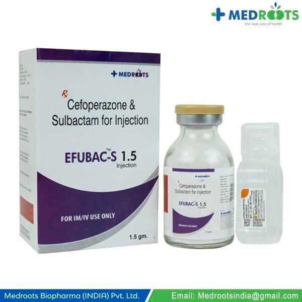 Efubac s-1.5gm (Cefoperazone+sulbactam) is used to treat various bacterial infections such as respiratory tract (lungs) infection, urine infection, blood infection, meningitis (inflammation of the brain and spinal cord), gonorrhoea (sexually transmitted disease), skin, abdominal, bone, and joint infections.