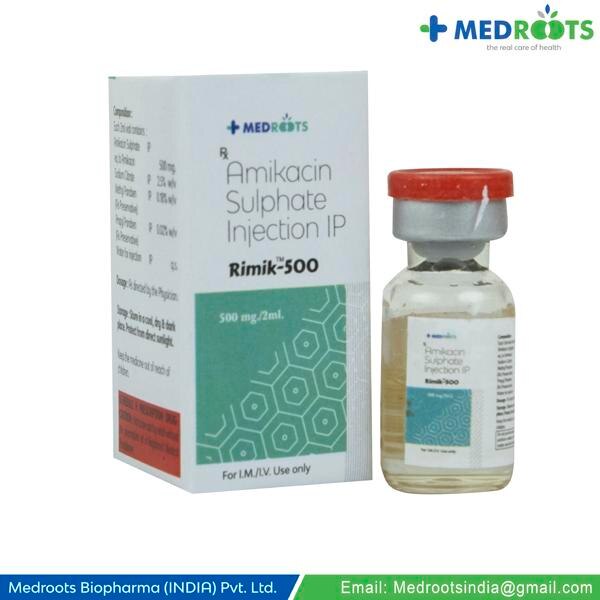 RIMIK-500 (AMIKACIN 500 MG INJ) Amikacin injection is used to treat certain serious infections that are caused by bacteria such as meningitis (infection of the membranes that surround the brain and spinal cord) and infections of the blood, abdomen (stomach area), lungs, skin, bones, joints, and urinary tract