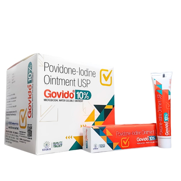 GOVIDO 10% is a broad-spectrum antiseptic ointment formulated with Povidone-Iodine USP 10%, widely trusted for the prevention and treatment of minor wounds, cuts, burns, abrasions, and skin infections. It is designed to kill a wide range of bacteria, viruses, fungi, and protozoa, offering fast-acting and long-lasting antimicrobial protection. GOVIDO 10% is ideal for both first aid and post-surgical wound care, helping to reduce the risk of infection while supporting the natural healing process.Key IngredientPovidone-Iodine 10% (equivalent to 1% available iodine):A powerful, iodine-based antiseptic that penetrates the skin and mucous membranes to eliminate harmful microorganisms. Povidone-Iodine is known for its broad antimicrobial spectrum, effectiveness, and minimal skin irritation compared to elemental iodine.Key BenefitsProvides broad-spectrum antiseptic protectionKills bacteria, fungi, viruses, and other pathogensHelps prevent infection in minor cuts, wounds, burns, and ulcersPromotes clean wound healing and reduces scarringIdeal for pre-operative skin disinfection and post-operative wound careNon-staining, easy-to-apply formulationHow Does It Work?GOVIDO 10% works by releasing free iodine slowly upon contact with the skin. This iodine interacts with microbial cell walls and enzymes, disrupting their structure and leading to rapid microbial death. The povidone base allows for sustained release of iodine, ensuring prolonged action and minimized irritation. Unlike alcohol-based antiseptics, it does not cause stinging and can be safely used on broken skin.Directions for UseClean and dry the affected area gently before applying the ointment.Apply a thin layer of GOVIDO 10% directly to the wound or affected area 1–3 times daily, or as advised by your healthcare provider.The area may be covered with a sterile bandage if needed.Wash hands before and after application.For external use only — avoid contact with eyes, mouth, and mucous membranes.Do not use on large or deep wounds without medical supervision.Side EffectsGOVIDO 10% is generally safe and well-tolerated, but some individuals may experience:Common Side Effects:Mild skin irritationTemporary redness or staining of the skinRare Side Effects:Allergic reactions such as rash, itching, or swellingIodine sensitivity or thyroid disturbances (with prolonged or large-area use)Discontinue use and consult a doctor if irritation persists, signs of infection worsen, or you experience symptoms of an allergic reaction.