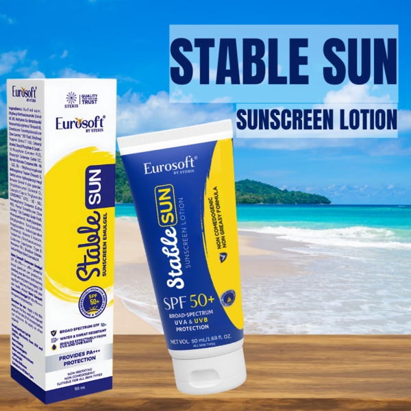 STABLE SUN SUNSCREEN LOTION is a high-performance SPF 50+ broad-spectrum sunscreen designed to provide superior protection against the sun’s harmful UVA and UVB rays. Formulated for all skin types, this lightweight and non-greasy lotion shields your skin from sunburn, tanning, premature aging, and long-term sun damage. Whether you're outdoors for daily activities or extended sun exposure, STABLE SUN ensures lasting protection and comfort.Key IngredientsSPF 50+ Sunscreen Agents:A blend of advanced physical and chemical sun filters that create a protective barrier on the skin, effectively blocking and absorbing UVA and UVB radiation. These agents work together to prevent sunburn, photoaging, and skin discoloration caused by prolonged sun exposure.Hydrating Agents (such as Glycerin or Aloe Extract):Help maintain skin moisture, prevent dryness, and soothe sun-exposed skin.Antioxidants (like Vitamin E):Fight free radicals generated by UV radiation, offering added protection from oxidative stress and supporting healthy skin.Key BenefitsOffers broad-spectrum SPF 50+ protection from both UVA & UVB raysHelps prevent sunburn, tanning, and pigmentationReduces the risk of premature aging (wrinkles, fine lines, sun spots)Lightweight, non-sticky, and suitable for all skin types, including oily and acne-prone skinWater- and sweat-resistant formula for long-lasting protectionContains skin-friendly moisturizers to avoid dryness or irritationIdeal for daily use under makeup or aloneHow Does It Work?STABLE SUN SUNSCREEN LOTION works through a combination of physical and chemical UV filters:Physical blockers (like Titanium Dioxide or Zinc Oxide) sit on the skin’s surface and reflect UV rays.Chemical filters absorb the UV radiation and convert it into heat, which is then released from the skin.This dual-action mechanism ensures complete sun protection, while moisturizing agents keep the skin nourished and soothed throughout the day.Directions for UseApply generously to clean, dry skin at least 15–20 minutes before sun exposure.Reapply every 2–3 hours, especially after swimming, sweating, or towel drying.Use daily, even on cloudy days or indoors (UVA rays penetrate windows).Suitable for face and body. Avoid contact with eyes.Can be used under makeup or with other skincare products.Side EffectsSTABLE SUN SUNSCREEN LOTION is dermatologically tested and generally safe for daily use. However, some users may experience:Mild Side Effects:Temporary tingling or mild irritation on sensitive skinSlight redness or breakouts in acne-prone areas (rare)Allergic reaction in case of sensitivity to any ingredientPrecautions:Perform a patch test before first use.Discontinue if irritation or rash occurs and consult a dermatologist.