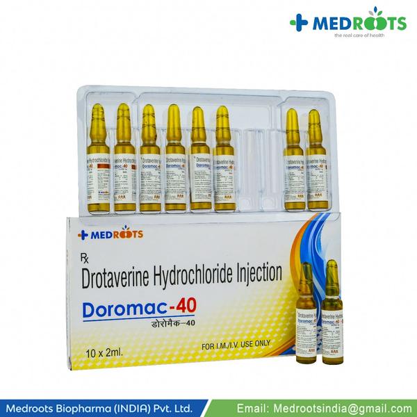 (DOROMA-40)  DROTAVERINE HYDROCHLORIDE 40 MG- Injection effectively relieves sudden muscle spasms or contractions in the stomach and intestine (gut), thereby improving the pain. This helps to treat abdominal pain (or stomach pain) as well as cramps, bloating and discomfort associated with menstrual cycles or kidney stones also. Take it as it is prescribed to get the most benefit. Eventually, it will help you to go about your daily activities more easily and have a better, more active, quality of life.