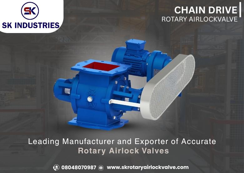 Best Chain Drive Rotary Airlock Valve Manufacturer & Supplier in India.At SK INDUSTRIES, we believe that efficiency starts at the foundation of your systems. Our Chain Drive Rotary Air Lock Valve is engineered to handle bulk material discharge in the most challenging industrial conditions—without compromising on performance or longevity.Recognized as a trusted Rotary Airlock Valve Manufacturer in India, we build solutions that deliver consistent results, reduce downtime, and simplify material flow across diverse industries.Built to Perform, Designed to LastRugged Mild Steel Construction with Enhanced Torque Handling When your operation requires strength and precision, our Chain Drive Rotary Airlock Valve delivers. Constructed using premium mild steel (MS), it stands strong in environments with abrasive, high-volume, or dense materials. The chain drive mechanism provides improved torque transfer, ensuring seamless functionality even under continuous heavy loads. With both square and round inlet/outlet options and sizes ranging from 4” to 16”, our valves are built for easy integration—whether you're upgrading or starting from scratch.Technical Highlights:• Material: Mild Steel (MS)• Size Options: 4”, 6”, 8”, 10”, 12”, 16”• Inlet/Outlet Type: Square & Round• Drive System: Heavy-duty Chain Drive• Key Features:o Sturdy build for high durabilityo Smooth operation under heavy loadso Low-maintenance design for reduced service interruptionsApplications Across Industries:Built for Where It Matters MostAs a leading Rotary Airlock Valve Manufacturer & Suppliers Ahmedabad, Gujarat, India, we understand industry-specific challenges. Our chain drive rotary airlock valves are widely used in:• Cement and building material processing• Grain, feed, and agricultural handling• Fertilizer and chemical plants• Power generation facilities• Dust collection systems in mining and mineral industriesDesigned for high-pressure and high-volume applications, this valve ensures airtight discharge, minimal leakage, and long service life—even in the harshest environments.Advantages That MatterWhy Choose SK INDUSTRIES’ Chain Drive Rotary Valves?As one of the foremost Rotary Airlock Valves Wholesalers & Distributors in India, SK INDUSTRIES ensures value-driven performance with every product. Here's why our chain drive valve stands out:• High Torque Efficiency: Chain drive mechanism handles heavy-duty operations• effortlessly• Reduced Wear & Downtime: Fewer moving parts mean less maintenance over time• Flexible Fitment: Available in multiple sizes and port configurations• Proven Durability: Built to withstand harsh environments and abrasive materials• Optimized Airlock Function: Keeps pressure consistent for improved system efficiencyThe SK INDUSTRIES EdgeInnovation, Integrity & Industrial Expertise Backed by decades of industry experience, SK INDUSTRIES stands at the forefront of reliable flow control technology. Our commitment to precision engineering, customer satisfaction, and continuous innovation has earned us recognition as a leading Rotary Airlock Valve Manufacturer in India.Whether you're scaling up operations or improving efficiency, our Chain Drive Rotary Air Lock Valve is a smart addition to your processing system.Let’s Build Efficiency TogetherLooking for a durable, high-performance rotary airlock valve for your plant? Partner with SK INDUSTRIES—the trusted Rotary Airlock Valve Manufacturer & Suppliers Ahmedabad, Gujarat, India—and experience engineered solutions that last.� Contact us now to request a quote or speak with an expert for personalized recommendations.