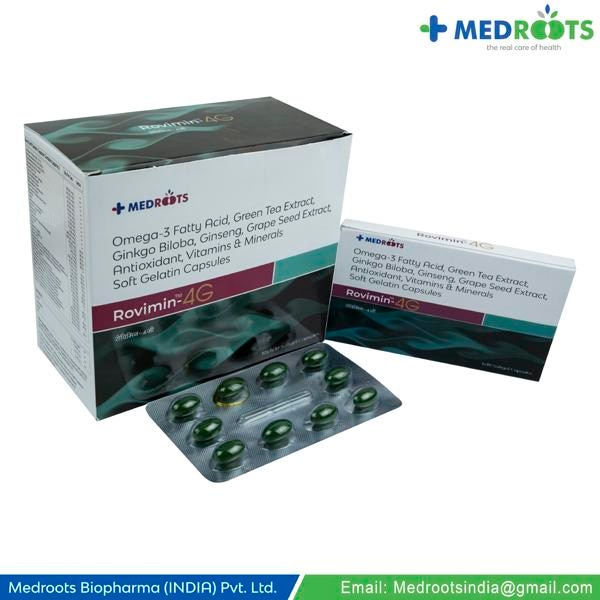 ROVIMIN-4G is the combination of Omega 3 Fatty Acid, Green Tea Extraction, Ginkgo, Grape Seed Extension, Antioxidants, Vitamin, Mineral and Trace Elements capsules which are considered to help lower the risk of heart disease, regulate blood pressure, diabetes, cholesterol, and general health They have been taken in ...