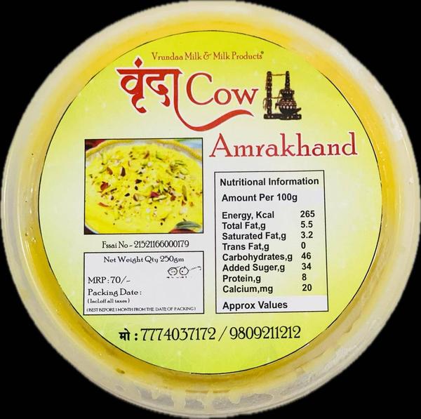 Buy Fresh and Authentic Amrakhand Online – Made with Cow MilkIndulge in the rich, creamy delight of Vrunda Amrakhand – a perfect fusion of traditional taste and health. Made from pure cow milk and infused with the goodness of ripe Alphonso mangoes, our Amrakhand is a wholesome dessert that’s both natural and irresistible.Why Choose Vrunda Amrakhand?Made from 100% Desi Cow A2 MilkContains real Alphonso mango pulpNo added preservatives or artificial flavorsSmooth, creamy texture and rich flavorLab-tested, fresh, and hygienically packedEnjoy this classic Maharashtrian delicacy with your meals or as a festive treat. Order now for home delivery in Pune and taste the authentic flavor of Amrakhand like never before!