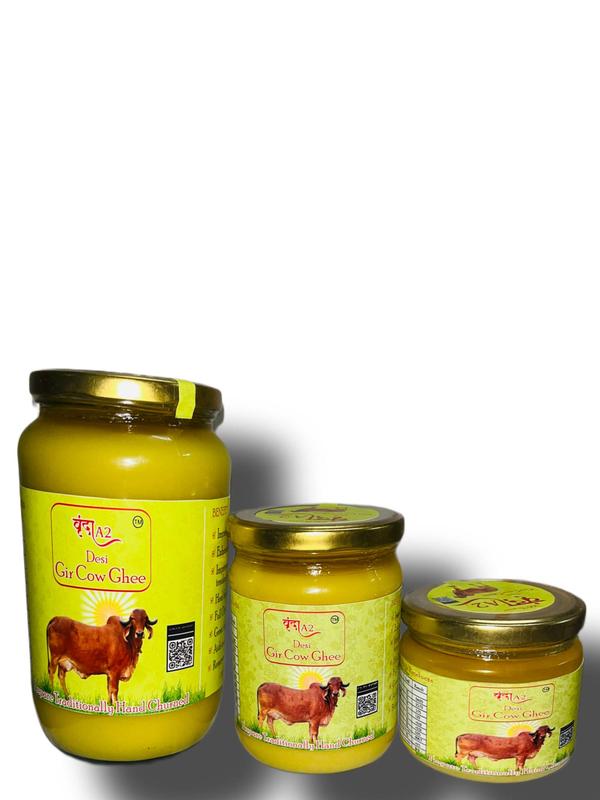Buy Pure A2 Ghee from Desi Gir Cow – Traditional Bilona MethodExperience the golden richness of Vrunda A2 Ghee, made from the curd of Desi Gir cow milk using the age-old bilona method. This traditional process ensures that every spoonful of our ghee is packed with essential nutrients, A2 protein, Omega-3 fatty acids, and an unmatched aroma.Unlike commercial ghee, Vrunda A2 Ghee is hand-churned, preservative-free, and made in small batches for purity, flavor, and health benefits.Health Benefits:Boosts immunity and brain healthAids digestion and improves metabolismStrengthens bones and jointsRich in fat-soluble vitamins A, D, E & KSafe for children and elderlyWhy Vrunda A2 Ghee?Made from curd (not cream) of Desi Gir cow milk100% natural, lab-tested, and preservative-freeGolden color, grainy texture, and rich aromaDelivered fresh across Pune, including Katraj & Kondhwa