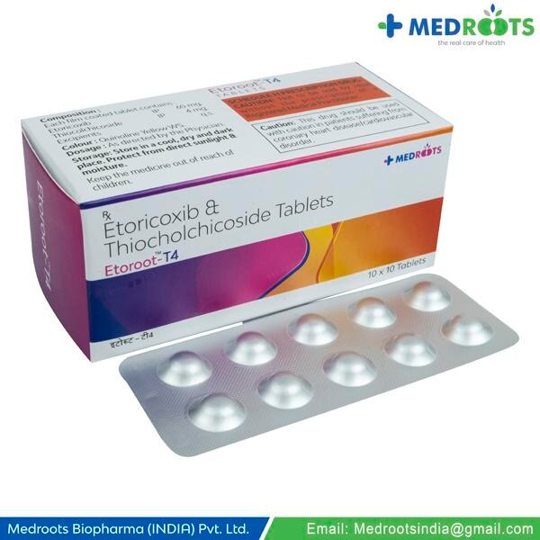 Etoricoxib+Thiocolchicoside 60mg/4mg Tablet is a combination medicine that contains a painkiller as well as a muscle relaxant. It is used to relieve pain, inflammation, and swelling in conditions that affect muscles. Also, it effectively relieves muscle stiffness or spasm, thereby improving muscle movement.