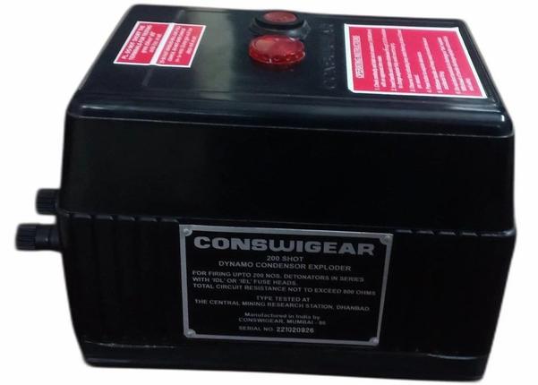Conswigear Dynamo condensor Exploder type DXC 12/200 is an improved version Of the earlier time-proven and widely used model type DXA. 12/200, fully type tested for performance capacity and safety at the CENTRAL MINING RESEARCH STATION, DHANBAD.The ExPloder is designed for use in non-gassy mines, quarries, road and dam construction sites etc. for blasting operations.The Exploder has a capacity of firing up to 200 numbers of detonators, with IOL or IEL (or any other equivalent) electrical fuse heads, connected in series,The Exploder is housed in a rigid and strong molded bakelite case. The output terminals are provided on one side and the détachable operating handle on the other. The firing push button and neon indicating lamps showing the charged of the Exploder are provided on the top.The entry hole for the operating handle is provided with a spring loaded shutter, which keeps the hole covered to prevent entry of dust and foreign objects when the Exploder is not in use and also actuates the discharge contact mounted inside the housing.The Exploder is charged by rotating the operating handle. The dynamo charges the main capacitor through a voltage doubler circuit formed by a step-up transformer, an auxiliary capacitor and diodes. The capacitor remains charged even after the rotation of the handle is stopped and the neon lamp starts flashing to show that the Exploder is in a charged condition, ready to fire.The Exploder is discharged when the detonators are fired or when the operating handle is withdrawn end the spring-loaded shutter returns automatically to its closed position; This is a safety measure to ensure that the Exploder does not remain charged when the operating handle is taken away. It also facilitates safe and certain discharging Of the Exploder when it is charged it is desired to de—energize the Exploder without going through to blasting operation.The Exploder is also discharged if the firing push button is pressed, even though no external wires may be connected to the terminals.A foam-leather case is supplied with the exploder far carrying around for protection against damage.Additional Information:Production Capacity: 200 shortDelivery Time: ready stock /1day deliveryPackaging Details: The exploder comes with rotating handel and strong carring case