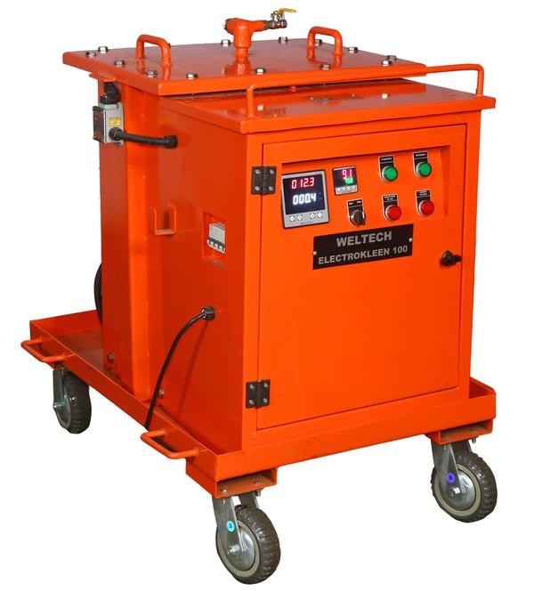 Electrokleen ,Electrostatic oil cleaner removes sludge, varnish and dirt particles from hydraulic and lubricating oils through the principle of Electrostatic separation. 
Modern hydraulic and central lubrication systems are equipped with high tech precision components . Sludge, varnish, oxidation by products and dirt particles cause friction, wear and subsequent failure of these components which consequently leads to equipment malfunctioning and downtime.  
More than 80% of failure in hydraulic systems are caused by  impurities in oil
Electrokleen removes sludge, varnish , oxidation products and Impurities from  oil thus eliminating malfunction of hydraulic systems thereby reducing equipment downtime and increasing productivity
WORKING PRINCIPLE
Just connect Electrokleen with the two hoses of your oil reservoir and it will clean up your oil independent of production.
The oil is pumped through an electric field caused by a voltage of 12 KV between electrode sets placed in the cleaning cell.
 The electric field force attracts the particles toward the electrodes and they stick to the special paper elements called collectors placed over and between the electrodes.Clean oil is pumped back to the reservoir.
                                                                                         
Even particles below 0.5 microns can be removed by this process. The result is an extremely clean oil and the clean oil is also able to flush out the sticky sludge from the system  .   
The electrostatic liquid cleaner has no influence on the additives of the oil.The liquid additives remain in the oil while the suspended contaminants are drawn to the electrodes and stick to the paper collectors placed over and between the electrodes.