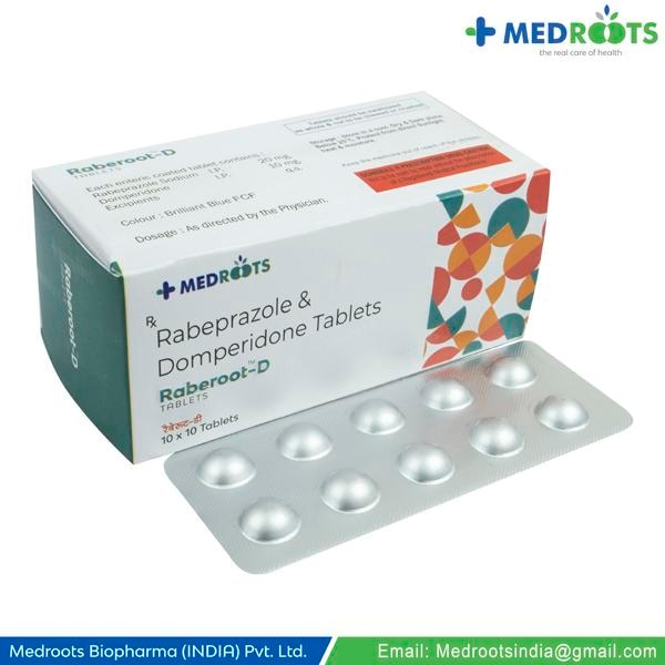 Rabeprazole 20 mg and Domperidone 10 mg are commonly used to treat gastroesophageal reflux disease (GERD), peptic ulcers, and related symptoms like dyspepsia (indigestion), nausea, and vomiting. Rabeprazole reduces stomach acid production, while Domperidone improves stomach emptying and reduces nausea