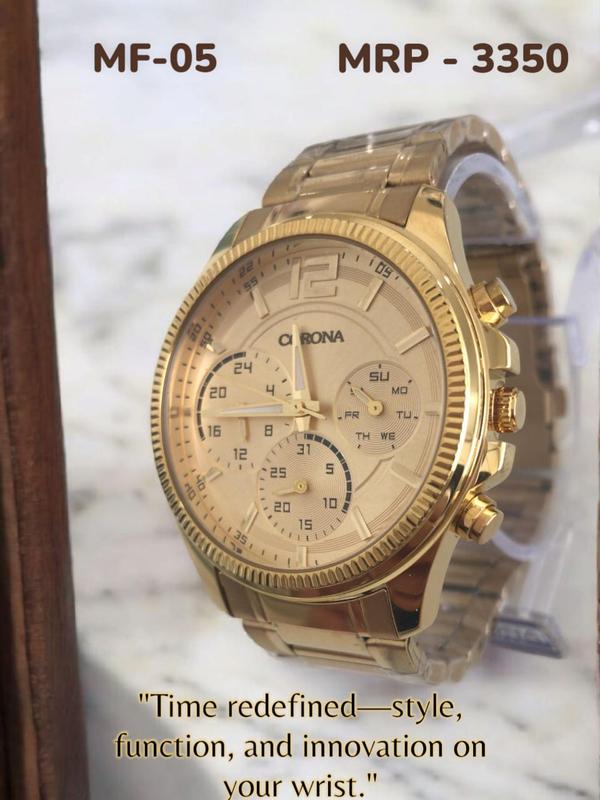 Discover timeless elegance with our latest series of multifunction wrist watches. Featuring a luxurious golden case and matching golden dial, these watches are as functional as they are stylish. With clear displays for time, day, date, and a 24-hour subdial, they offer a perfect balance of precision and sophistication—ideal for those who appreciate refined details and everyday utility.