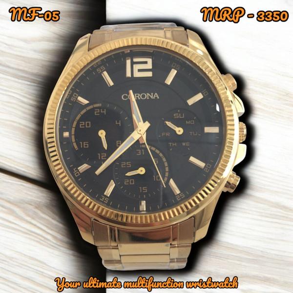 Bold and sophisticated, this multifunction wrist watch pairs a luxurious golden case with a deep black dial for a striking contrast. Equipped with time, day, date, and 24-hour displays, it delivers both style and substance. Perfect for those who appreciate classic design with a modern edge.