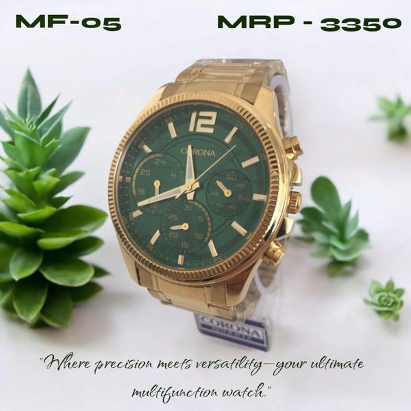 Stand out with elegance—this multifunction wrist watch features a radiant golden case matched with a rich green dial for a unique and refined look. With clear displays for time, day, date, and a 24-hour subdial, it combines eye-catching design with everyday practicality. A perfect choice for those who value bold sophistication.