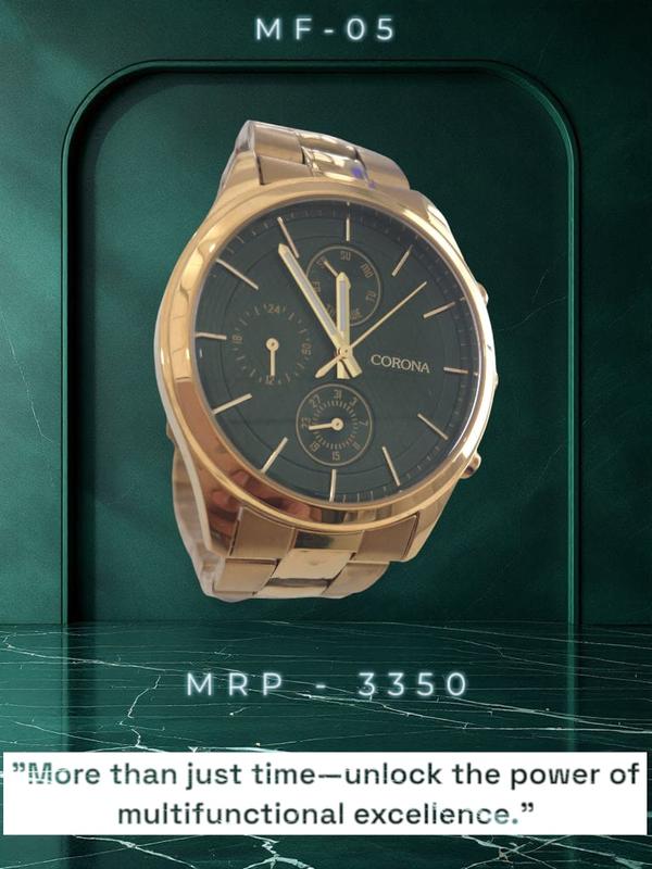 Stand out with elegance—this multifunction wrist watch features a radiant golden case matched with a rich green dial for a unique and refined look. With clear displays for time, day, date, and a 24-hour subdial, it combines eye-catching design with everyday practicality. A perfect choice for those who value bold sophistication.