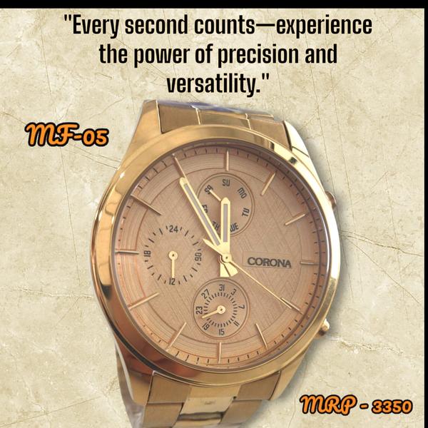 Discover timeless elegance with our latest series of multifunction wrist watches. Featuring a luxurious golden case and matching golden dial, these watches are as functional as they are stylish. With clear displays for time, day, date, and a 24-hour subdial, they offer a perfect balance of precision and sophistication—ideal for those who appreciate refined details and everyday utility.
