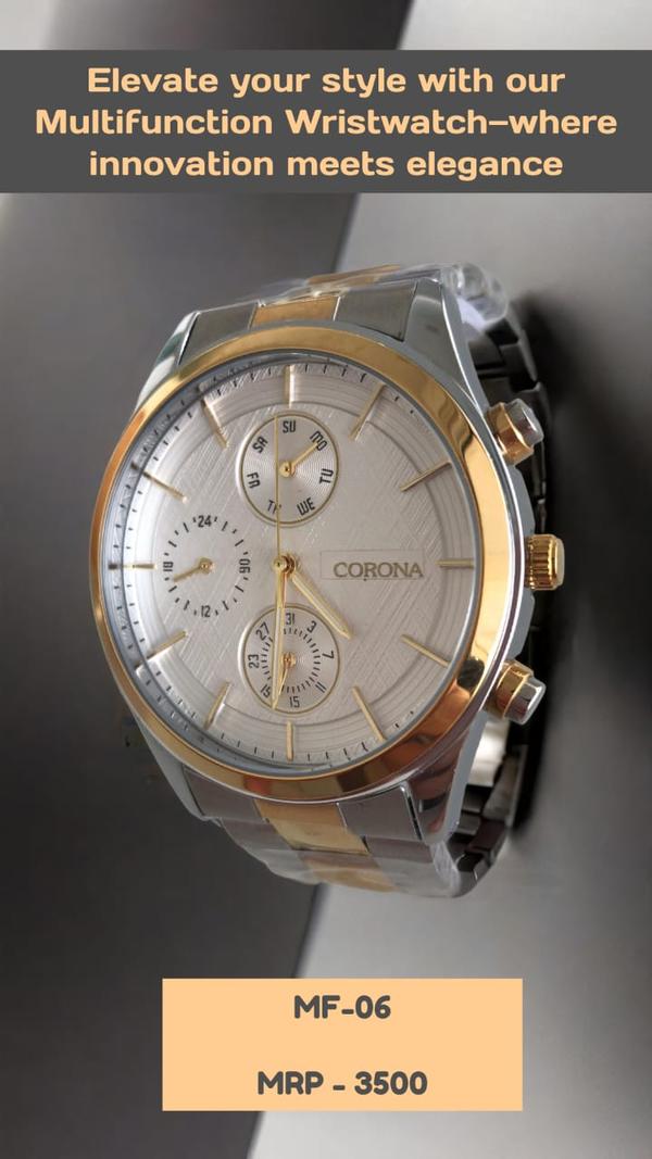 Classic meets contemporary in this multifunction wrist watch, featuring a refined gold two-tone case and a clean white dial. Designed for both clarity and elegance, it includes displays for time, day, date, and a 24-hour subdial—making it a versatile accessory that pairs perfectly with any occasion.