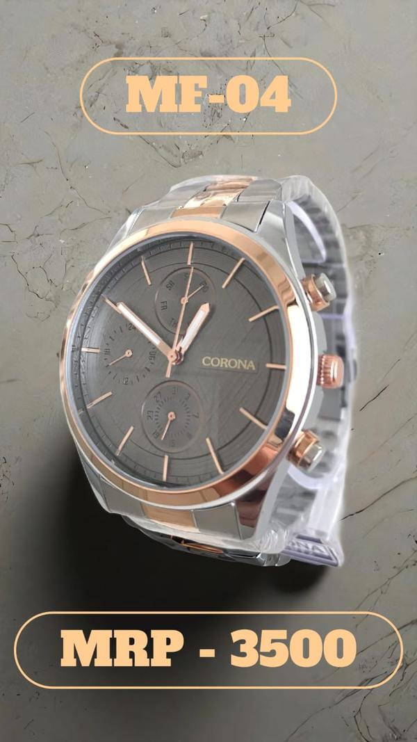 Sophistication meets bold style with this stunning multifunction wrist watch, featuring a rosegold two-tone case paired with a sleek gunmetal dial. The combination of warm rosegold and cool gunmetal creates a striking contrast, while the watch offers all the functionality you need with displays for time, day, date, and a 24-hour subdial—ideal for those who appreciate both elegance and modern edge.