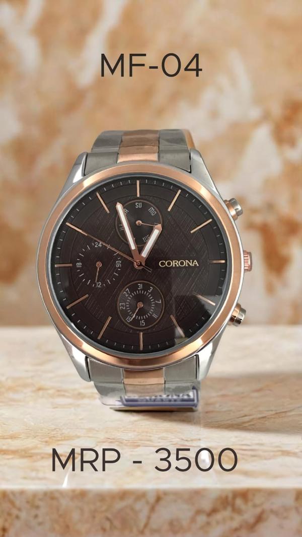 'Timeless elegance meets versatility: Rose gold two-tone case with a sophisticated brown dial, displaying time, day, date, and 24-hour format.'