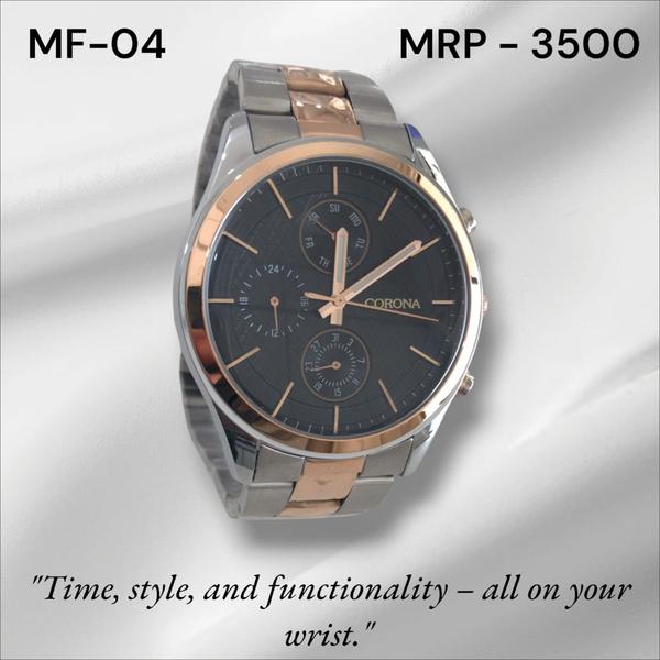 Bold and sophisticated, this wristwatch features a striking rose gold two-tone case paired with a deep black dial. Combining timeless style with modern functionality, it displays the time, day, date, and 24-hour format—perfect for those who value elegance with an edge.