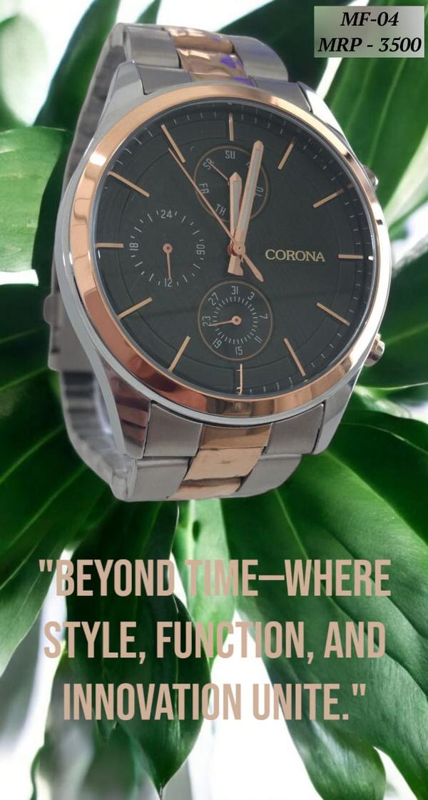 Fresh and refined, this watch pairs a luxurious rose gold two-tone case with a rich green dial, creating a standout look. With multifunction features including time, day, date, and 24-hour display, it blends contemporary flair with everyday practicality.