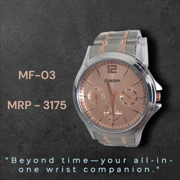 Radiating refined luxury, this timepiece boasts a seamless rose gold two-tone case complemented by a matching rose gold dial. Designed for both function and fashion, it features a multifunction display showing time, day, date, and 24-hour format—an elegant companion for the modern lifestyle.