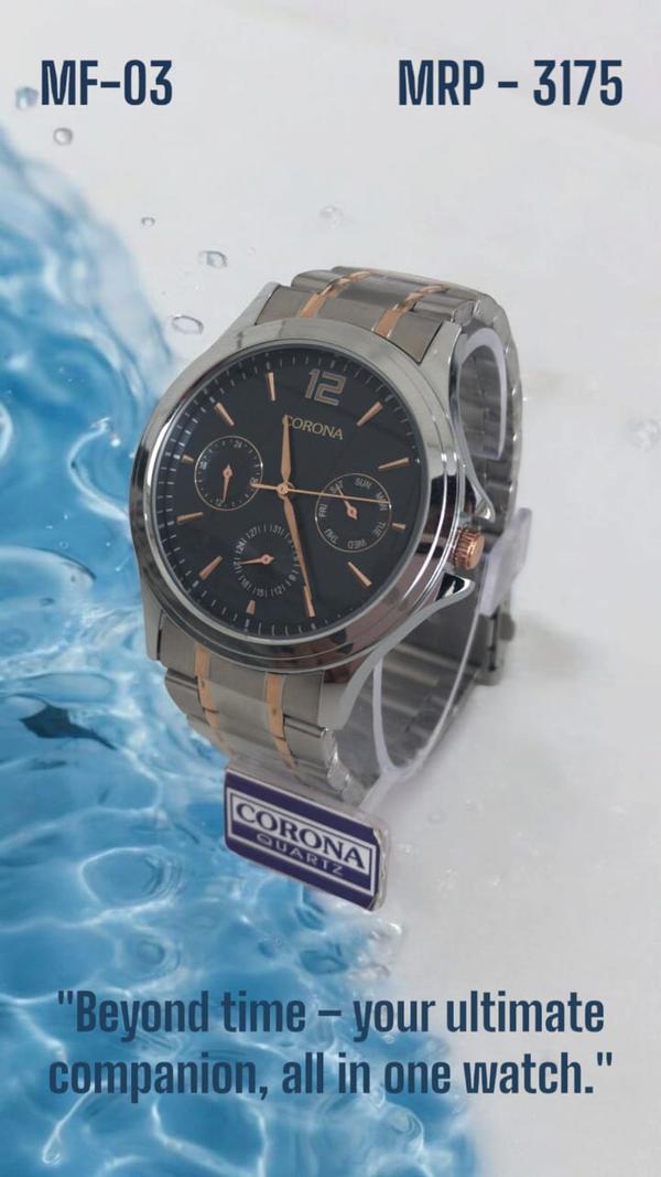Bold and sophisticated, this wristwatch features a striking rose gold two-tone case paired with a deep black dial. Combining timeless style with modern functionality, it displays the time, day, date, and 24-hour format—perfect for those who value elegance with an edge.