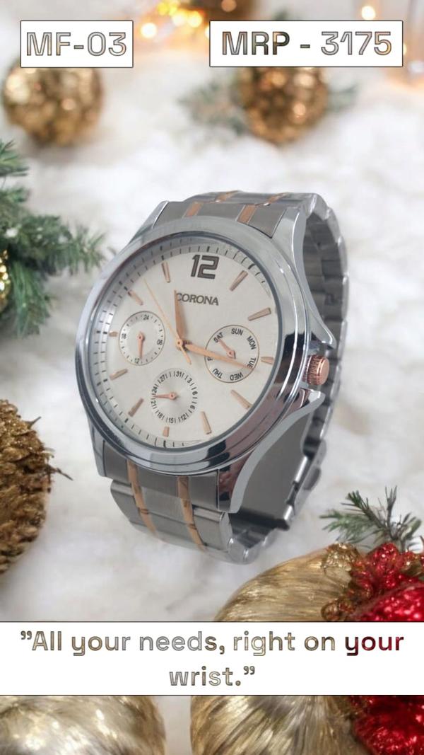 'Classic sophistication: Rose gold two-tone case paired with a crisp white dial, offering time, day, date, and 24-hour display.'