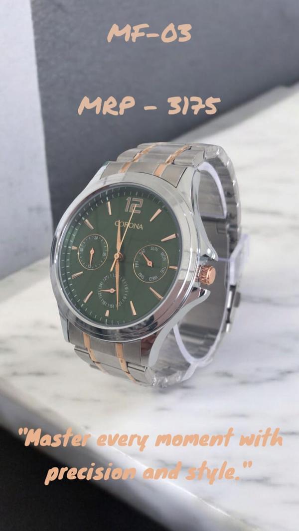 Fresh and refined, this watch pairs a luxurious rose gold two-tone case with a rich green dial, creating a standout look. With multifunction features including time, day, date, and 24-hour display, it blends contemporary flair with everyday practicality.