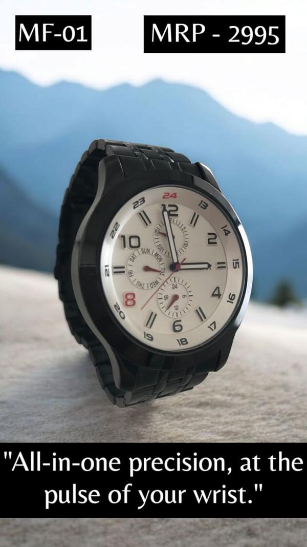 Sleek and modern, this watch showcases a bold black case contrasted by a clean white dial. Designed for daily versatility, it features multifunction displays for time, day, date, and 24-hour format—where minimalism meets performance.