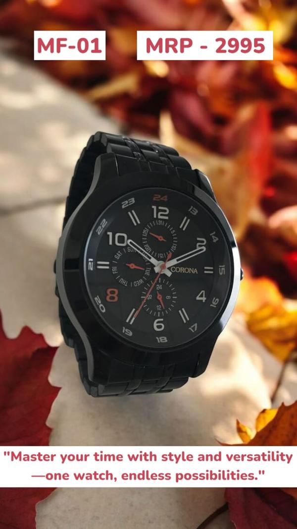 Understated and powerful, this timepiece features an all-black case and dial for a bold, monochromatic look. Equipped with multifunction displays for time, day, date, and 24-hour format, it delivers precision and style in equal measure.