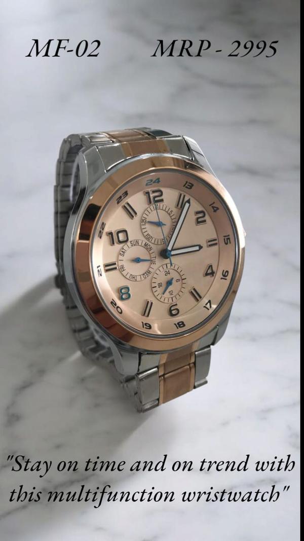 Radiating refined luxury, this timepiece boasts a seamless rose gold two-tone case complemented by a matching rose gold dial. Designed for both function and fashion, it features a multifunction display showing time, day, date, and 24-hour format—an elegant companion for the modern lifestyle.