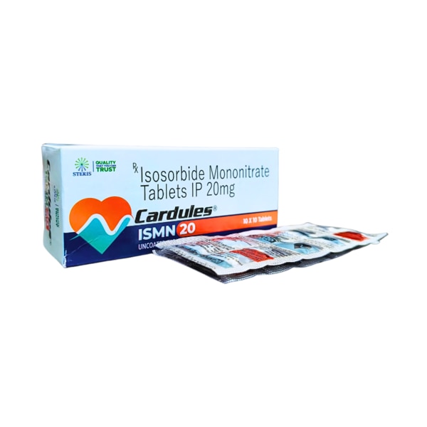 CARDULES ISMN 20 is a trusted cardiovascular medication formulated with Isosorbide Mononitrate 20 mg, primarily used to prevent and manage angina pectoris (chest pain) due to coronary artery disease. This medicine belongs to the class of drugs known as nitrates, which work by relaxing and widening the blood vessels, improving blood flow to the heart, and reducing its workload. CARDULES ISMN 20 plays a critical role in preventing episodes of angina, enhancing patient quality of life, and lowering the risk of heart-related complications when taken as prescribed.Key IngredientIsosorbide Mononitrate (20 mg): A long-acting nitrate compound that acts as a vasodilator to reduce myocardial oxygen demand and improve oxygen supply to the heart.Key BenefitsPrevents Angina Attacks: Helps in reducing the frequency and severity of chest pain episodes.Improves Heart Efficiency: Enhances blood flow and reduces the workload on the heart, making it easier for the heart to pump effectively.Reduces Risk of Hospitalization: Long-term use helps reduce emergency visits and admissions due to angina.Promotes Better Exercise Tolerance: Allows patients with stable angina to engage in physical activity with reduced risk of chest pain.Long-Acting Relief: Designed for prolonged action, providing extended protection throughout the day when taken regularly.How Does It Work?Isosorbide Mononitrate, the active ingredient in CARDULES ISMN 20, is a vasodilator that works by releasing nitric oxide, a natural compound in the body that relaxes smooth muscles of the blood vessels. This relaxation causes the veins and arteries to widen, which reduces the pressure on the heart and lowers oxygen demand. It also improves blood flow to the heart muscle, thereby preventing angina attacks. Unlike short-acting nitrates, Isosorbide Mononitrate has a prolonged action, making it suitable for maintenance therapy in chronic angina.Directions for UseTake CARDULES ISMN 20 exactly as prescribed by your physician.Usually taken once or twice daily, preferably in the morning and afternoon.Swallow the tablet whole with water; do not crush or chew.Take the medication on an empty stomach or after a light meal.Maintain consistent timing every day to achieve the best therapeutic effect.Do not stop suddenly without consulting your healthcare provider, as it may lead to worsening angina.Important: Follow the nitrate-free interval as directed by your doctor to avoid nitrate tolerance (reduced effectiveness over time).Side EffectsLike all medications, CARDULES ISMN 20 may cause side effects in some individuals. These are usually mild and temporary but should be monitored.Common Side Effects:HeadacheDizziness or lightheadedness (especially when standing up)Flushing or warmth in the faceLow blood pressureNauseaRare but Serious Side Effects:FaintingIrregular heartbeatSevere hypotensionAllergic reactions (rash, itching, swelling, especially of the face/tongue/throat)Note: If you experience severe or persistent side effects, seek medical attention promptly.Precautions:Do not use CARDULES ISMN 20 with phosphodiesterase inhibitors (e.g., sildenafil) as it may cause dangerously low blood pressure.Inform your doctor if you have a history of heart failure, hypotension, anemia, or liver disease.Avoid alcohol while taking this medicine as it may enhance the blood pressure-lowering effects.Not recommended for children or pregnant women unless advised by a healthcare professional.CARDULES ISMN 20 is a clinically proven and effective option for the long-term management of angina pectoris. Regular and proper use can significantly reduce chest pain episodes and improve your heart health and quality of life.