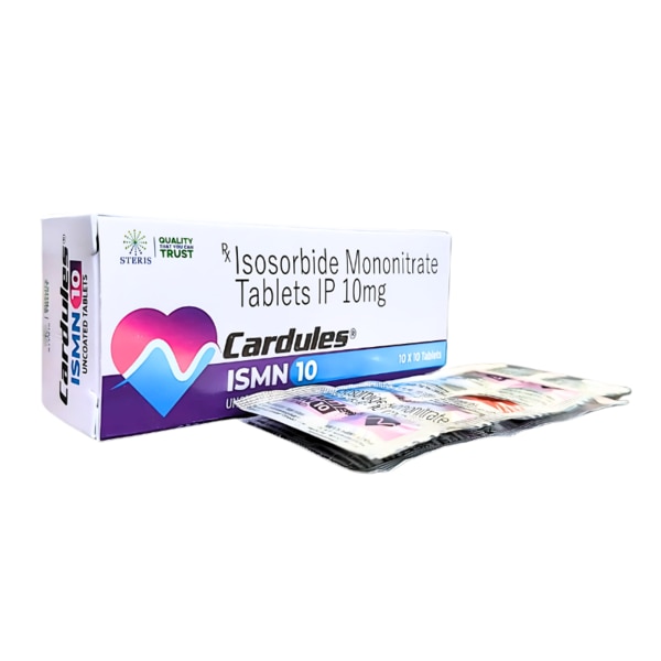 CARDULES ISMN 10 is a prescription medication formulated to effectively manage and prevent angina pectoris (chest pain) associated with coronary artery disease. This medicine contains Isosorbide Mononitrate (10 mg), a long-acting nitrate that helps reduce the frequency and severity of anginal episodes. It is commonly prescribed as part of a long-term treatment plan for individuals with stable angina and other cardiovascular conditions to improve heart efficiency and blood flow.Key IngredientsIsosorbide Mononitrate 10 mgIsosorbide Mononitrate is the active nitrate component in this medicine, known for its vasodilatory effects that relax blood vessels and ease the heart’s workload. It is a metabolite of isosorbide dinitrate and offers longer-lasting therapeutic benefits with fewer doses.Key BenefitsPrevents Chest Pain (Angina): CARDULES ISMN 10 is effective in reducing the number and severity of angina attacks by improving blood flow to the heart muscle.Improves Blood Circulation: The vasodilatory action of Isosorbide Mononitrate widens the arteries and veins, facilitating better circulation and oxygen delivery.Reduces Heart Workload: By dilating blood vessels, the medication decreases the heart's oxygen demand, allowing it to function more efficiently.Enhances Exercise Tolerance: Patients using this medication often experience an increase in exercise capacity, as the risk of angina during physical activity is significantly reduced.Long-Acting Relief: As a sustained nitrate, CARDULES ISMN 10 provides long-lasting protection against anginal attacks when taken regularly.How Does It Work?Isosorbide Mononitrate works by releasing nitric oxide in the smooth muscle cells of blood vessels. This nitric oxide activates an enzyme called guanylate cyclase, which increases cyclic guanosine monophosphate (cGMP). The rise in cGMP levels leads to the relaxation of vascular smooth muscles, causing vasodilation. This process reduces the amount of work the heart must do and lowers myocardial oxygen consumption. As a result, blood flows more easily, and the frequency of chest pain episodes is reduced. This mechanism makes CARDULES ISMN 10 a highly effective drug in the prevention of angina.Directions for UseTake CARDULES ISMN 10 strictly as prescribed by your doctor.It is typically taken once or twice daily, depending on the severity of the condition and the prescribing physician's guidance.Swallow the tablet whole with a glass of water, preferably on an empty stomach or as directed.Do not crush, chew, or break the tablet, as it may interfere with the drug’s effectiveness.For best results, take it at the same time each day to maintain consistent blood levels.Avoid abrupt discontinuation of the medication unless advised by your healthcare provider.Side EffectsWhile CARDULES ISMN 10 is generally well-tolerated, some individuals may experience side effects, especially when starting treatment or adjusting dosage. Common and less serious side effects include:HeadacheDizziness or light-headednessFlushing (warmth, redness, or tingly feeling under the skin)NauseaFatigueIn rare cases, more serious side effects may occur, such as:Severe hypotension (low blood pressure)FaintingIrregular heartbeatAllergic reactions like rash, itching, or swellingIf any severe or unusual side effects occur, seek immediate medical attention. Regular monitoring and dose adjustments may help manage and minimize side effects.