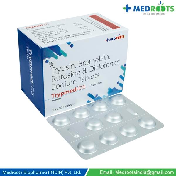 worksTrypsin + Bromelain + Rutoside + Diclofenac is a combination of four medicines: Trypsin , Bromelain , Rutoside and Diclofenac. Trypsin and Bromelain are enzymes. They increase blood supply and make the body produce substances that fight pain and swelling. Rutoside is an antioxidant which protects the body from damage by chemicals (free radicals) and further reduces swelling. Diclofenac is a non-steroidal antiinflammatory drug (NSAID) which works by blocking the release of certain chemical messengers (prostaglandins) in the brain that cause pain and inflammation (redness and swelling