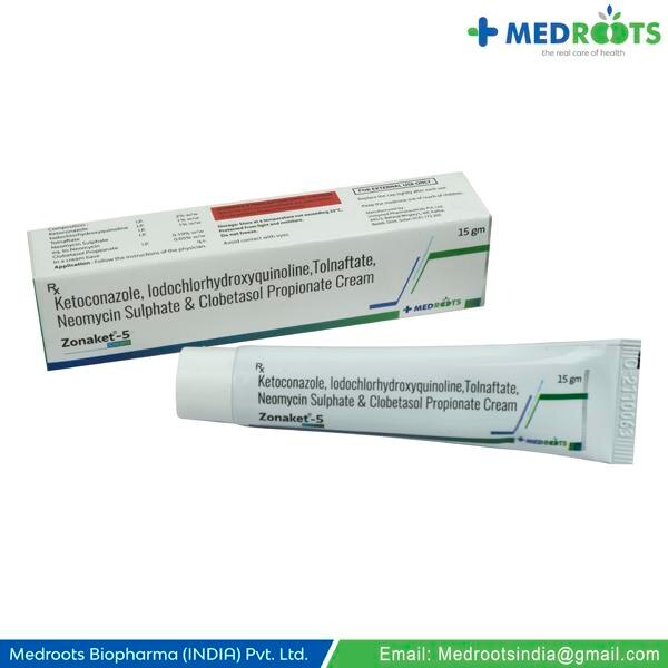 Ketoconazole + Clioquinol (Iodochlorhydroxyquin) + Tolnaftate + Neomycin + Clobetasol is a combination of five medicines : Ketoconazole, Clioquinol (Iodochlorhydroxyquin), Tolnaftate, Neomycin, and Clobetasol. Ketoconazole and tolnaftate is an antifungal medication. It kills and stops the growth of the fungi by destroying its cell membrane, thereby treating your skin infection. Clioquinol belongs to a category of drugs called hydroxyquinoline antifungal agents. It acts by interacting with DNA synthesis thus killing the fungi that are responsible for causing the infection. Neomycin is an antibiotic. It stops bacterial growth by preventing synthesis of essential proteins required by bacteria to carry out vital functions. Clobetasol is a steroid. It works by blocking the production of certain chemical messengers that make the skin red, swollen and itchy