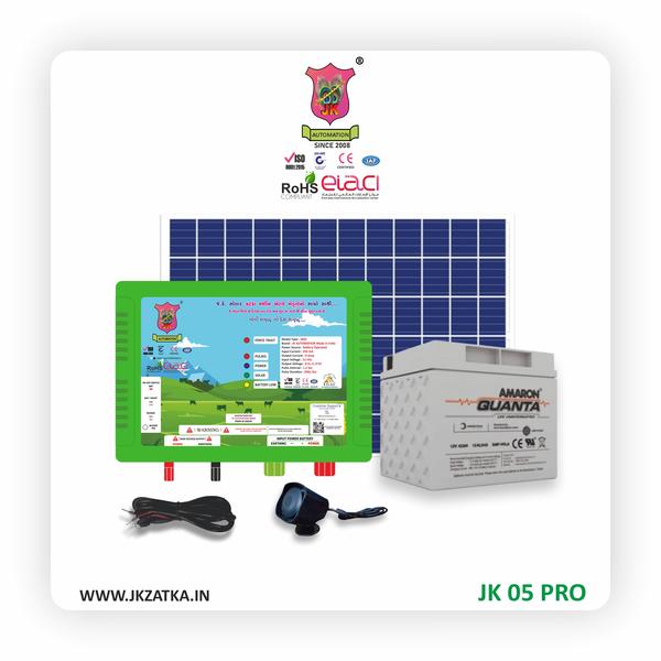 MODAL: JK 05 PRO 250 BIGHAOutput energy : 100 TO 250 BIGHA SetOutput Voltage : 6 to 9 KV, selectable modelOutput current : 5.6APulse Interval : 1.2 second nominalPulse Duration : 200 micro second, nominalHV output : 8000 V 1 zoneLV output : 10000 V 1 ZonesInput current : 1.5A, to 500ma nominal, depend on modelBattery : 12V26AH AMRON Input solar : 30 WATT JK MAKESIREN : AVLABL INSIDE MODAL-JK AUTOMATION fence energizer is World’s most powerful Fence Energizer which is design, tested and Government Approved as per standard of safety BIS 302-2-76.- 165 countries of the world are using this technology for protecting their crops from wild animals.- A Professional security system which can be use by Airport, Military, B.S.F, Forest department for protecting their properties from theft, intrusion, Pilferage and Sabotage- Programmable siren system: Users can program siren according to their need,Like• When fencing wire break,• When animals touch to fencing ,• When branches touch to fencing,• When heavy voltage drop from fencing,- Extra power function can be avoid rustling animals.- Automatic and manual function: Automatic starts at night and off at the morning- Power management system Provide long Battery life-period- Live And Return wire system- All type of indication can give all information of Fence energizer’s status- 1 to 500 acres of different types of models for agriculture.- All kind of Information and services are provided through the company’s top-level technical experts.- Running from 100% sunlight, does not need electricity.- It gives short, sharp and painful shock but there is not physical harm to the man and animal.- It can run 2 weeks without sunlight.- 100% result and 30 days money-back guarantee.