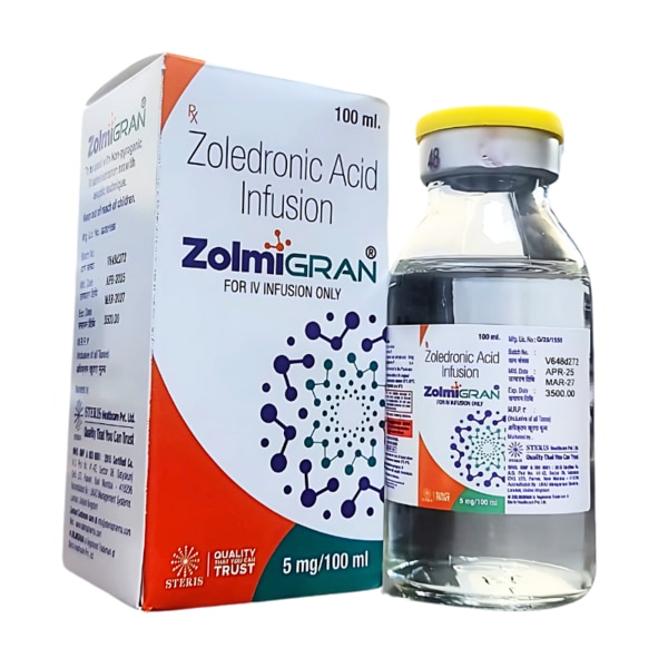 ZOLMIGRAN is a powerful intravenous medication containing Zoledronic Acid 5mg, designed to treat and prevent bone-related complications in various conditions such as osteoporosis, Paget’s disease of bone, and cancers that affect bones. It belongs to a class of drugs known as bisphosphonates, which help in strengthening bones, reducing bone loss, and preventing fractures. ZOLMIGRAN is often recommended when oral treatments are ineffective or not well-tolerated.Key IngredientsZoledronic Acid (5mg): The active pharmaceutical ingredient responsible for inhibiting bone resorption and maintaining bone density.Key BenefitsHelps in the treatment of osteoporosis in postmenopausal women and men at high risk of fractures.Effective in treating Paget's disease of bone, promoting normal bone formation.Reduces the risk of bone fractures in patients with cancer that has spread to bones.Prevents skeletal-related events (SREs) like bone pain, fractures, and spinal cord compression in metastatic bone diseases.Offers a once-yearly infusion for osteoporosis, improving patient compliance.How Does It Work?ZOLMIGRAN works by binding strongly to the bone surface, specifically at sites of active resorption. Zoledronic Acid inhibits the activity of osteoclasts, the cells responsible for breaking down bone tissue. By reducing osteoclast activity, it slows down the process of bone resorption, leading to increased bone mass and strength. This action helps in stabilizing bone structure, reducing the likelihood of fractures and other bone complications.Directions for UseZOLMIGRAN is administered as an intravenous infusion by a healthcare professional.The usual dosage for osteoporosis is a single 5mg infusion once a year.For Paget's disease of bone, a single 5mg infusion is typically sufficient.Adequate hydration before and after the infusion is recommended.Calcium and vitamin D supplementation may be prescribed to support bone health.Follow your doctor’s specific instructions regarding dosage and frequency.Side EffectsCommon side effects include flu-like symptoms such as fever, chills, muscle pain, and joint pain after infusion.May cause headache, fatigue, and nausea.Can lead to low blood calcium levels (hypocalcemia), which may require supplementation.Possible kidney function impairment, especially in patients with pre-existing conditions.Rarely, osteonecrosis of the jaw (ONJ) and atypical femur fractures can occur with long-term use.Always inform your doctor of any side effects experienced post-infusion.