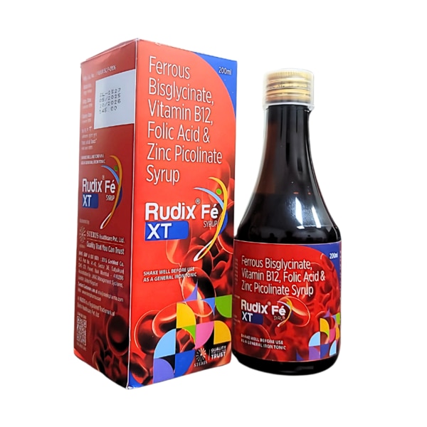 RUDIX FE XT Syrup is a scientifically formulated nutritional supplement designed to combat iron deficiency anemia and support overall hematological health. Enriched with highly bioavailable forms of iron, essential vitamins, and minerals, it helps in improving hemoglobin levels, enhancing energy, and promoting healthy red blood cell production. Ideal for individuals with iron-deficiency anemia, pregnant women, growing children, and individuals with nutritional deficiencies.Key IngredientsFerrous Bisglycinate: A gentle and highly absorbable form of iron that minimizes gastrointestinal side effects while effectively raising iron levels.Vitamin B12 (Cyanocobalamin): Essential for nerve function, DNA synthesis, and red blood cell formation, preventing megaloblastic anemia.Folic Acid: Crucial for DNA synthesis, cell division, and fetal development, especially important during pregnancy.Zinc Picolinate: A superior form of zinc that supports immune function, cellular metabolism, and accelerates wound healing.Key BenefitsHelps increase hemoglobin levels and corrects iron-deficiency anemia.Supports the formation and maturation of healthy red blood cells.Enhances energy levels, reduces fatigue, and improves overall vitality.Promotes healthy pregnancy by supporting fetal growth and reducing neural tube defect risks.Strengthens immune system function and supports wound healing.Minimizes common gastrointestinal side effects like constipation and nausea due to the use of Ferrous Bisglycinate.How Does It Work?Ferrous Bisglycinate delivers iron in a chelated form, which is better absorbed in the intestines and is gentler on the stomach.Vitamin B12 and Folic Acid synergistically aid in DNA synthesis and red blood cell production, reducing the risk of anemia.Zinc Picolinate enhances the body’s enzymatic reactions, contributing to immune support and overall cellular function.The combination ensures comprehensive support in managing anemia, boosting immunity, and improving metabolic health.Directions for UseConsume as directed by a healthcare professional.Typically recommended 5-10 ml once or twice daily after meals.Shake well before use.Do not exceed the prescribed dosage.Side EffectsGenerally well-tolerated when taken as recommended.Mild side effects may include nausea, constipation, diarrhea, or stomach discomfort.Rare allergic reactions such as rash, itching, or swelling may occur.Consult a healthcare provider if any adverse effects are noticed or persist.
