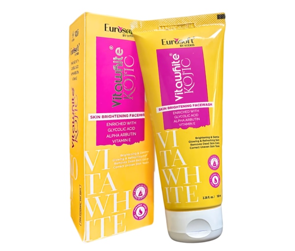 EUROSOFT VITAWHITE KOJIC FACEWASH is a scientifically formulated facial cleanser designed to brighten, rejuvenate, and deeply cleanse the skin. Enriched with skin-lightening agents like Kojic Acid, Alpha Arbutin, and Vitamin C, it helps reduce pigmentation, dark spots, and uneven skin tone. Infused with soothing and hydrating ingredients, this facewash gently exfoliates dead skin cells, giving you a refreshed and radiant complexion. Suitable for all skin types, it is an ideal choice for those seeking brighter, healthier, and naturally glowing skin.Key IngredientsAqua: Acts as a solvent and provides hydration to the skin.Sodium Lauryl Sarcosinate & Cocoamidopropyl Betaine: Gentle surfactants that cleanse the skin without stripping away moisture.Aloe Vera Extract: Soothes, moisturizes, and calms irritated skin.Glycerin & Propanediol: Powerful humectants that lock in moisture and maintain skin softness.Glypure 70% (Glycolic Acid 70% Solution): Provides mild exfoliation, promoting skin renewal and smooth texture.3-0-Ethyl Ascorbic Acid (Vitamin C Derivative): Brightens the skin and reduces hyperpigmentation.Alpha Arbutin: Helps lighten dark spots and promotes even skin tone.D-Panthenol (Provitamin B5): Deeply hydrates and supports skin barrier repair.Vitamin E Acetate: An antioxidant that protects against free radical damage.Allantoin: Known for its soothing and skin-healing properties.Multicoloured Cellulose Beads: Provide gentle physical exfoliation for a refreshed look.Phenoxyethanol & Ethylhexylglycerin: Serve as safe preservatives with antimicrobial properties.Benzophenone-4: Offers protection against harmful UV rays.Xanthan Gum, Sodium Hydroxide, Sodium Metabisulfite, Disodium EDTA, Perfume: Stabilizers, pH balancers, preservatives, and fragrance for product integrity and pleasant user experience.Key BenefitsBrightens the skin and reduces the appearance of dark spots and pigmentation.Gently cleanses dirt, oil, and impurities without over-drying.Provides mild exfoliation for smoother and more radiant skin.Hydrates and nourishes the skin, leaving it soft and supple.Helps in reducing tanning and evens out skin tone.Protects skin from environmental damage and oxidative stress.Soothes irritated skin and promotes skin barrier repair.How Does It Work?EUROSOFT VITAWHITE KOJIC FACEWASH works through a synergistic blend of exfoliating, brightening, and hydrating ingredients.Kojic Acid, Alpha Arbutin, and Vitamin C derivatives target melanin production, reducing dark spots and hyperpigmentation.Glycolic Acid gently exfoliates dead skin cells, promoting cell turnover for a fresher appearance.Moisturizing agents like Glycerin, Aloe Vera, and D-Panthenol ensure the skin remains hydrated and soft.Antioxidants like Vitamin E protect the skin from free radicals, while soothing agents like Allantoin calm and repair the skin.Gentle surfactants cleanse effectively without disrupting the skin’s natural moisture balance.Directions for UseWet your face with lukewarm water.Take a small amount of EUROSOFT VITAWHITE KOJIC FACEWASH on your palm.Gently massage in a circular motion over face and neck, avoiding the eye area.Rinse thoroughly with water and pat dry.For best results, use twice daily – morning and evening.Side EffectsMild tingling or slight redness may occur initially due to active ingredients like Glycolic Acid and Vitamin C.In rare cases, users with sensitive skin may experience dryness or irritation.Perform a patch test before first use to check for any allergic reaction.Avoid contact with eyes; rinse thoroughly with water in case of accidental contact.If irritation persists, discontinue use and consult a dermatologist.