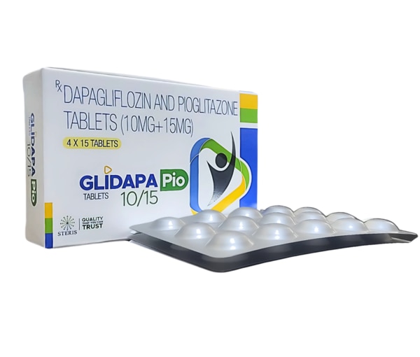GLIDAPA PIO is a combination oral medication specially formulated to help manage type 2 diabetes mellitus. It combines two powerful antidiabetic agents, dapagliflozin and pioglitazone, to effectively control blood sugar levels. This medication is prescribed to patients when diet and exercise alone do not provide adequate glycemic control. By addressing blood glucose regulation through different mechanisms, GLIDAPA PIO helps reduce the risk of diabetes-related complications and supports overall metabolic health.Key IngredientsDapagliflozin (10mg): A sodium-glucose co-transporter 2 (SGLT2) inhibitor that helps lower blood sugar by increasing the excretion of glucose through urine.Pioglitazone (15mg): A thiazolidinedione that improves insulin sensitivity by acting on fat, muscle, and liver cells, facilitating better glucose uptake and utilization.Key BenefitsHelps maintain stable blood glucose levels in adults with type 2 diabetes.Combines two complementary mechanisms to enhance blood sugar control.Supports weight management due to dapagliflozin’s glucose excretion effect.May improve insulin sensitivity and reduce insulin resistance.Reduces the risk of diabetes-related complications such as cardiovascular problems when combined with lifestyle changes.Convenient once-daily tablet formulation.How Does It Work?Dapagliflozin blocks SGLT2 proteins in the kidneys, preventing glucose reabsorption and promoting its elimination through urine, which lowers blood glucose. Pioglitazone acts on insulin-responsive tissues, enhancing the body’s sensitivity to insulin. This dual action helps reduce both insulin resistance and excess blood glucose, providing better overall glycemic control. By targeting different pathways, GLIDAPA PIO offers a synergistic effect to manage type 2 diabetes more effectively.Directions for UseTake GLIDAPA PIO exactly as prescribed by your healthcare provider.Usually taken once daily, with or without food, at the same time each day.Do not skip doses or stop the medication without consulting your doctor.Maintain a balanced diet and regular exercise as advised alongside the medication.Inform your doctor about any other medications you are taking to avoid potential interactions.Side EffectsSome patients may experience side effects while taking GLIDAPA PIO, including:Urinary tract infections or increased urination due to dapagliflozin.Weight gain or swelling caused by pioglitazone.Risk of low blood sugar (hypoglycemia) when combined with other antidiabetic drugs.Possible dizziness or fatigue.Rarely, heart failure or bladder cancer risk (associated with pioglitazone).If you notice symptoms like excessive thirst, sudden weight gain, swelling, shortness of breath, or any allergic reactions, seek medical advice immediately.