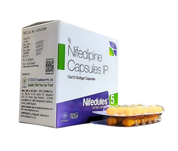 NIFEDULES 5 is a prescription medication containing Nifedipine 5mg, a well-known calcium channel blocker used to manage high blood pressure (hypertension), angina (chest pain), and other cardiovascular conditions. It works by improving blood flow and reducing the workload on the heart, offering reliable relief and long-term management of heart-related symptoms. NIFEDULES 5 helps maintain a healthy cardiovascular system and prevents complications associated with high blood pressure.Key IngredientNifedipine 5mgNifedipine belongs to the class of medications known as dihydropyridine calcium channel blockers. It is effective in dilating blood vessels, improving circulation, and reducing the heart’s effort in pumping blood.Key BenefitsHelps control and lower high blood pressureRelieves chronic stable angina and variant anginaImproves oxygen delivery to the heartPrevents chest pain during physical or emotional stressReduces the risk of stroke and heart attackSupports better heart function and circulationOffers rapid onset of action in certain formulationsHow Does It Work?NIFEDULES 5 works by inhibiting the influx of calcium ions into the smooth muscles of the heart and blood vessels. By blocking calcium entry, it causes relaxation of the vascular smooth muscles, resulting in the dilation of arteries. This leads to decreased vascular resistance, improved blood flow, and reduced blood pressure. For angina patients, it decreases the oxygen demand of the heart, helping prevent chest pain.Directions for UseTake the medication exactly as prescribed by your doctorUsually taken orally with or without foodSwallow the tablet whole with water; do not crush or chewFollow a consistent schedule daily to maintain steady drug levelsDo not abruptly stop the medication without consulting your healthcare providerSide EffectsHeadacheFlushing (warmth, redness in face or neck)Dizziness or light-headednessSwelling in the ankles or feetNausea or upset stomachRapid heartbeat or palpitationsFatigue or weaknessRare but serious: low blood pressure, severe chest pain, or allergic reaction