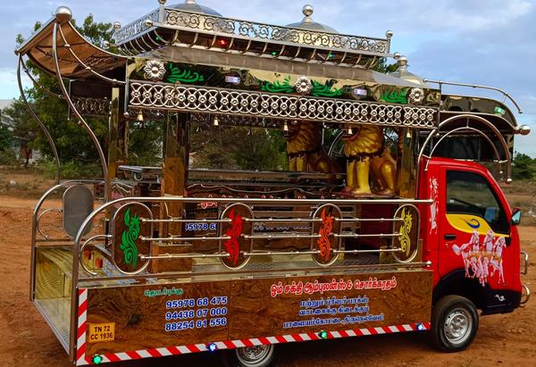 Sorgaratham This Sorgaratham is our another one of the Model . This Sorgaratham fabricated fully in Gold Stainless Sheet & Stainless Steel pipes Mixing. This Sorgaratham model top design Umbrella Design Model. Platform we use aluminum Checked sheets. We delivered the Sorgaratham with audio set, Multi Color LED Lights, Painting & Stickering.(As per choice)